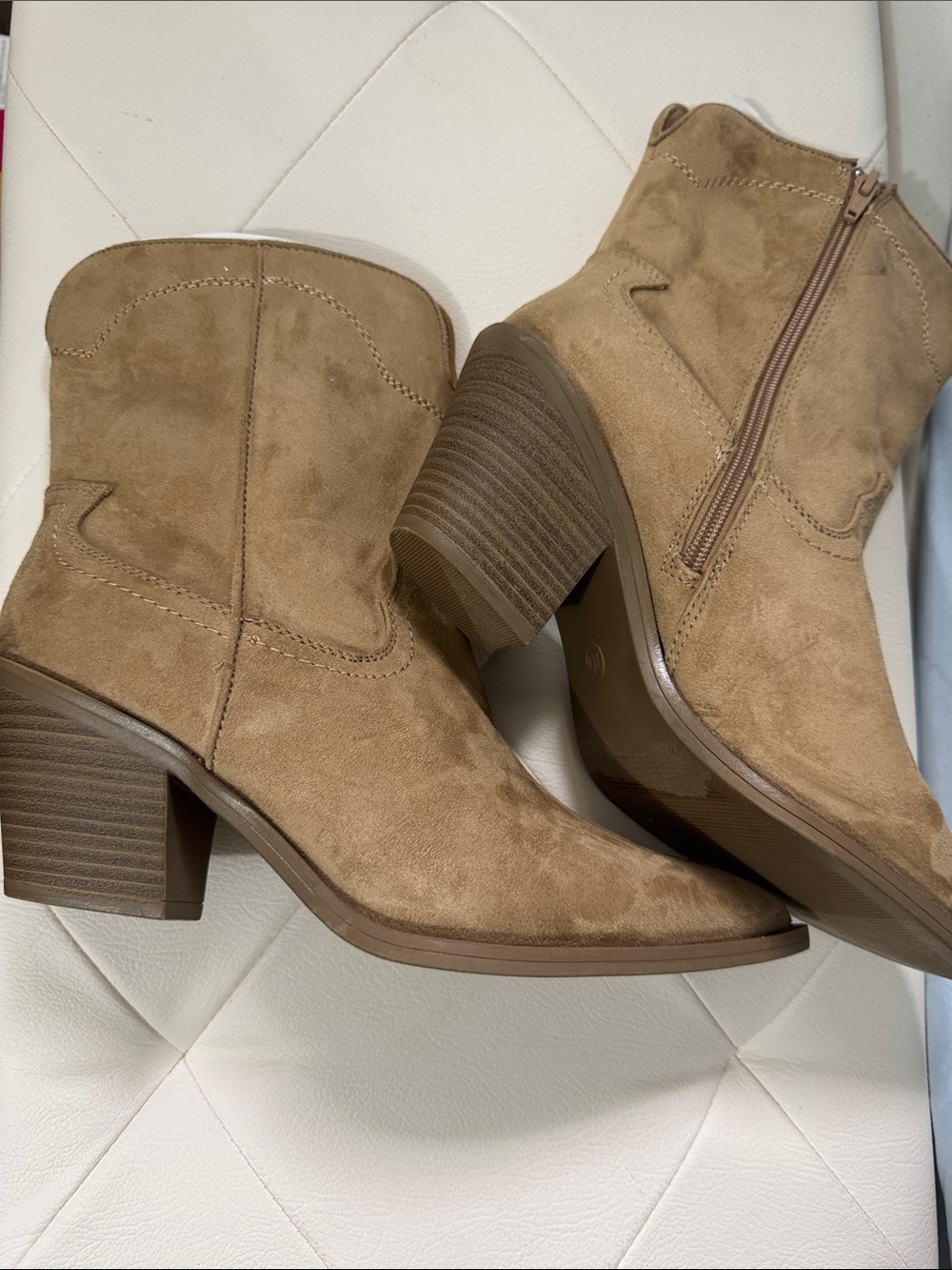 Women's Suede Ankle Booties in Tan Suede with Block Heel
